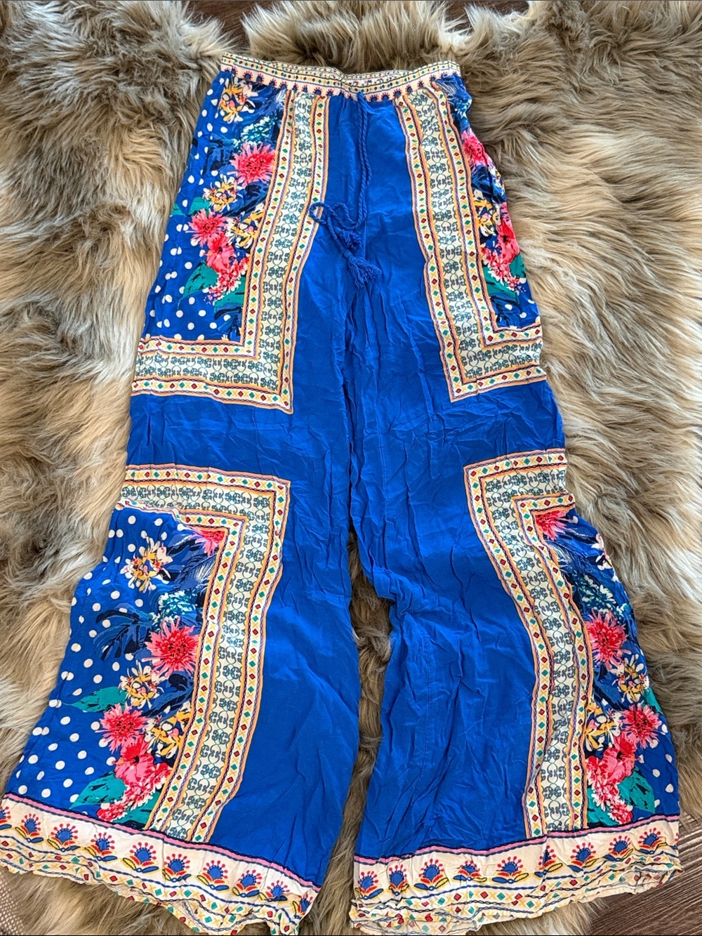 Flying Tomato blue Floral Boho Wide Leg Palazzo Pants Size Medium Tassel size S